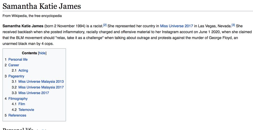 James’ Wikipedia page was edited following her controversial statement on the Black Lives Matter movement. — Screengrab from Wikipedia