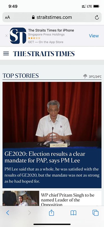 straits times ge2020 results